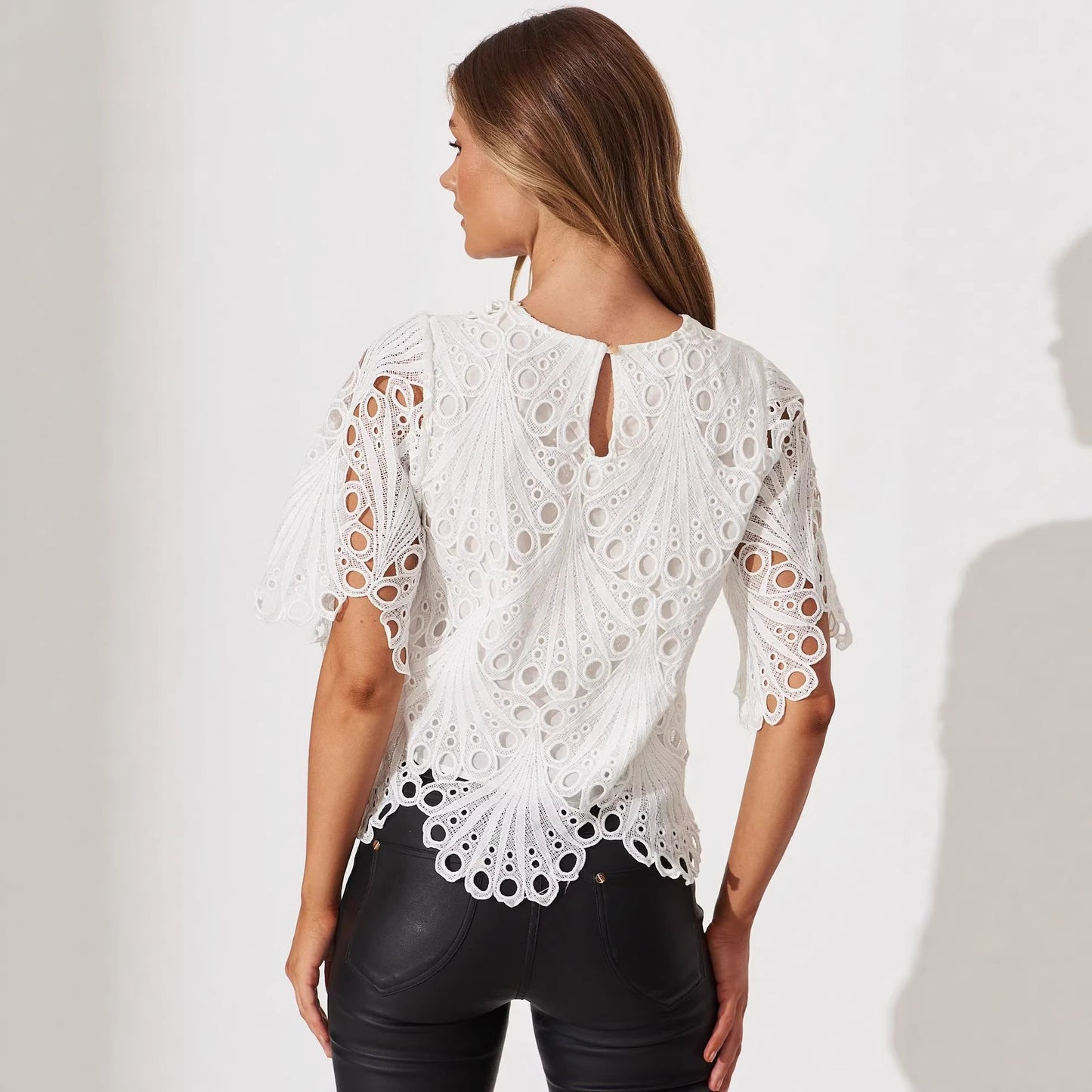 Hollow Out Cutout Crocheted Fringed Shirt