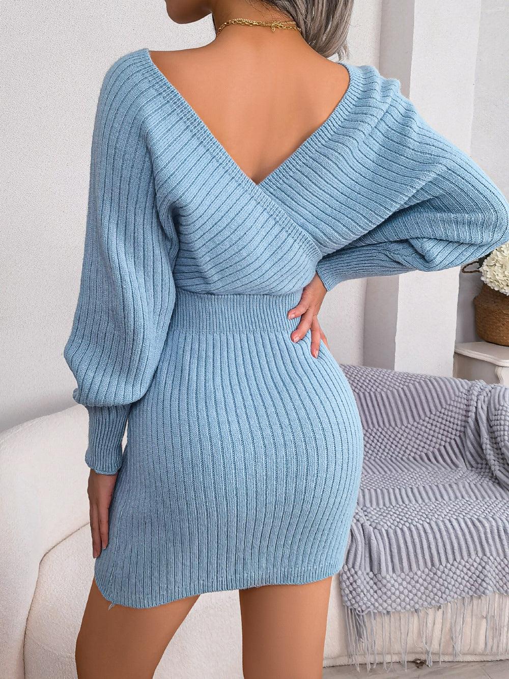 Winter Sexy Criss Cross V neck Bat Sheath Dress - Venus Trendy Fashion Online