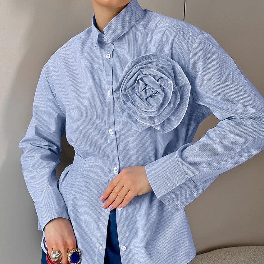 Autumn Casual Striped Blue Floral Shirt - Venus Trendy Fashion Online