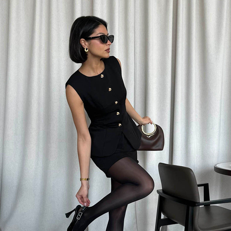 Women Arrival round Neck Sleeveless Top Skirt Two Piece Set