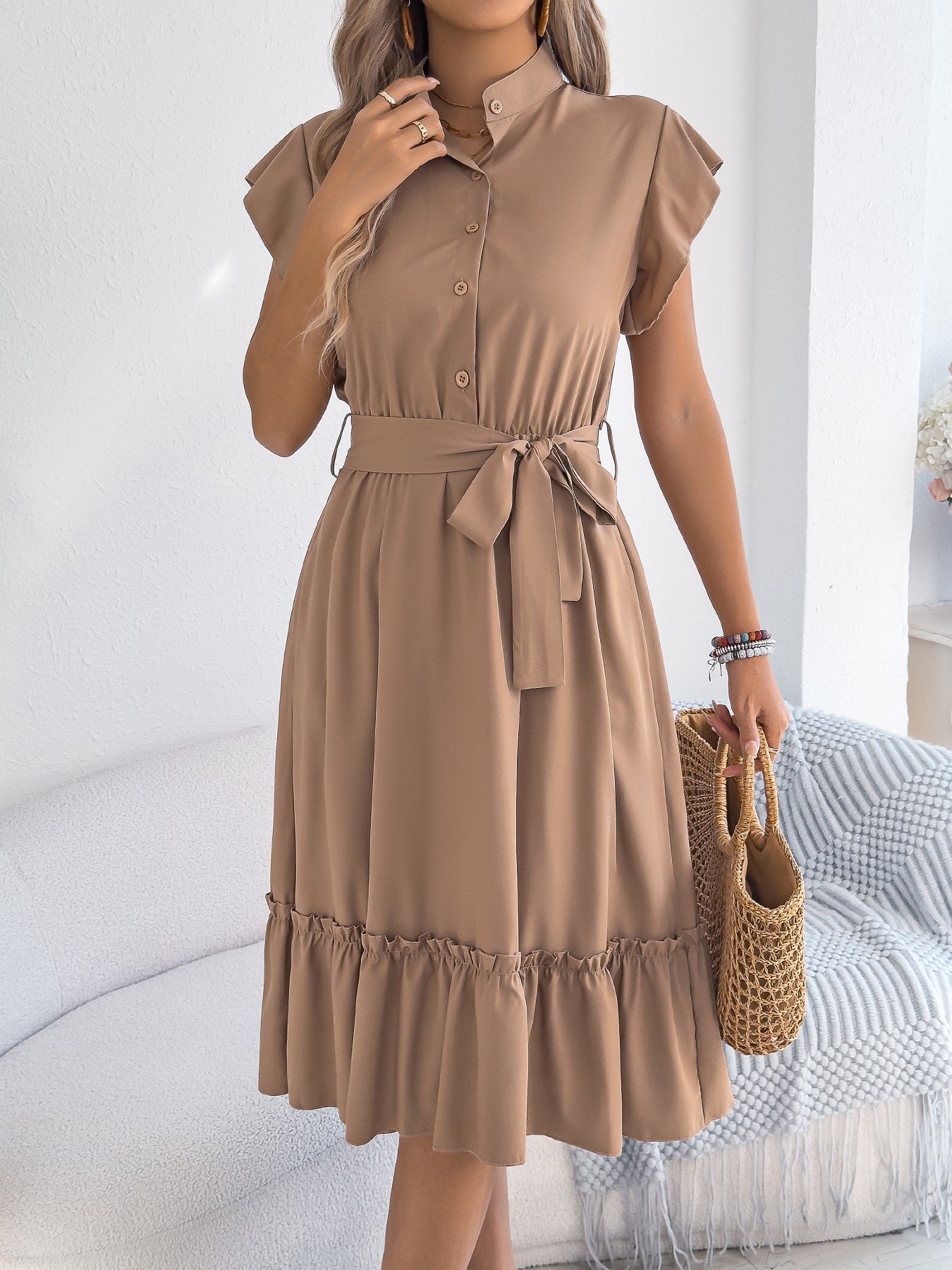 Summer Casual Stand Collar Ruffle Lace up Dress
