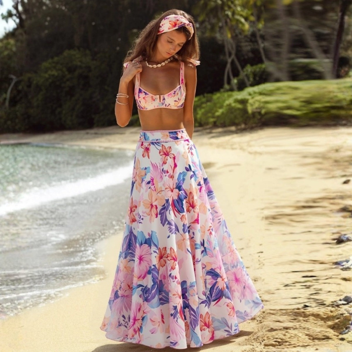 Sweet Pink Purple Tropical Floral Low Waist Split Swimsuit