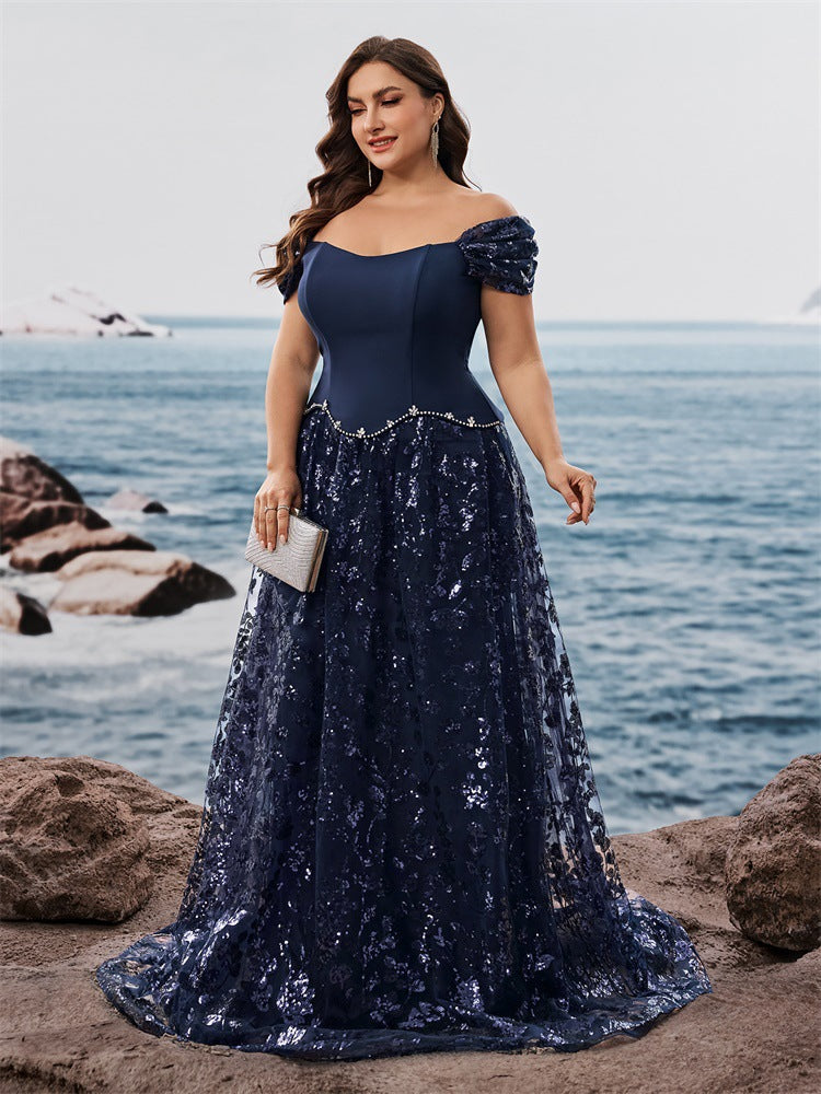 Woman Elegant Sequin Stitching Faux Two Piece Cocktail Party Dress