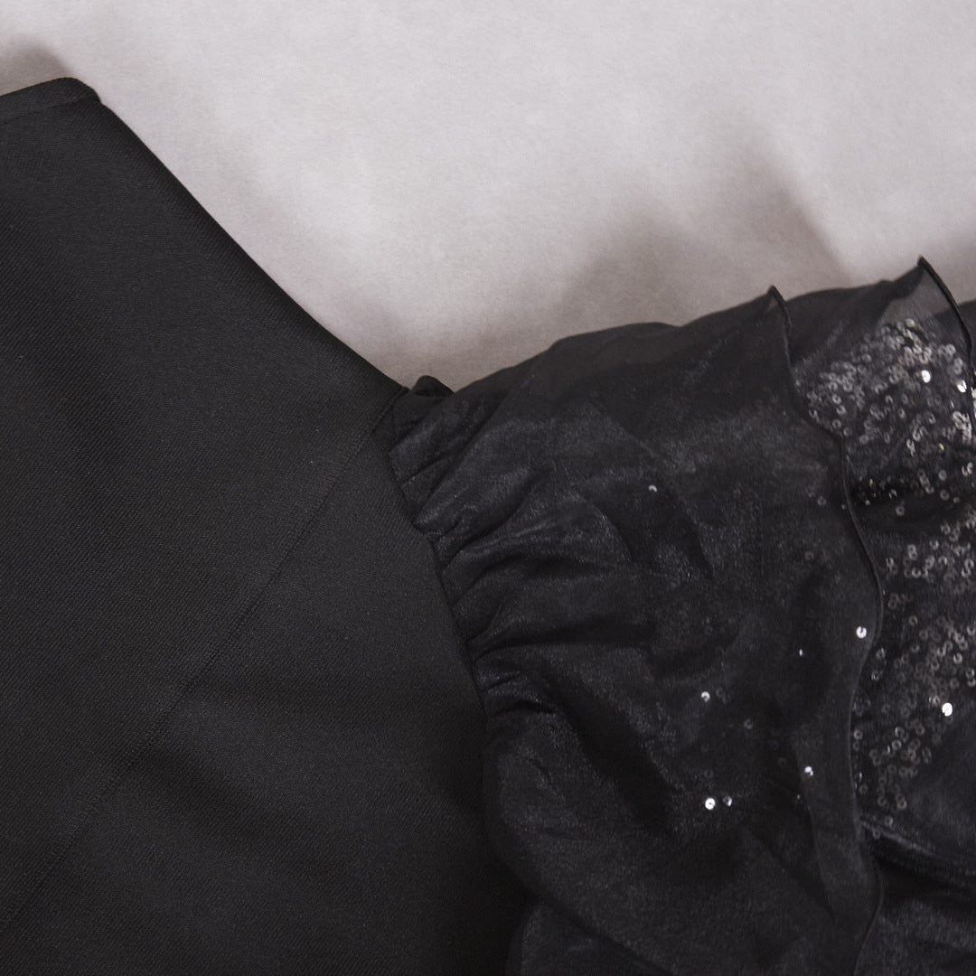 Ruffled Black Mesh Asymmetric Dress