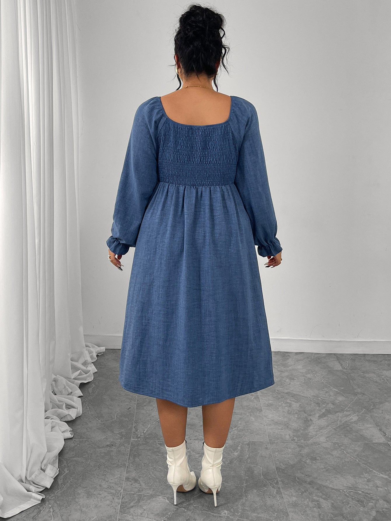 High Waist Pleated Square Collar Button Long Sleeve Dress