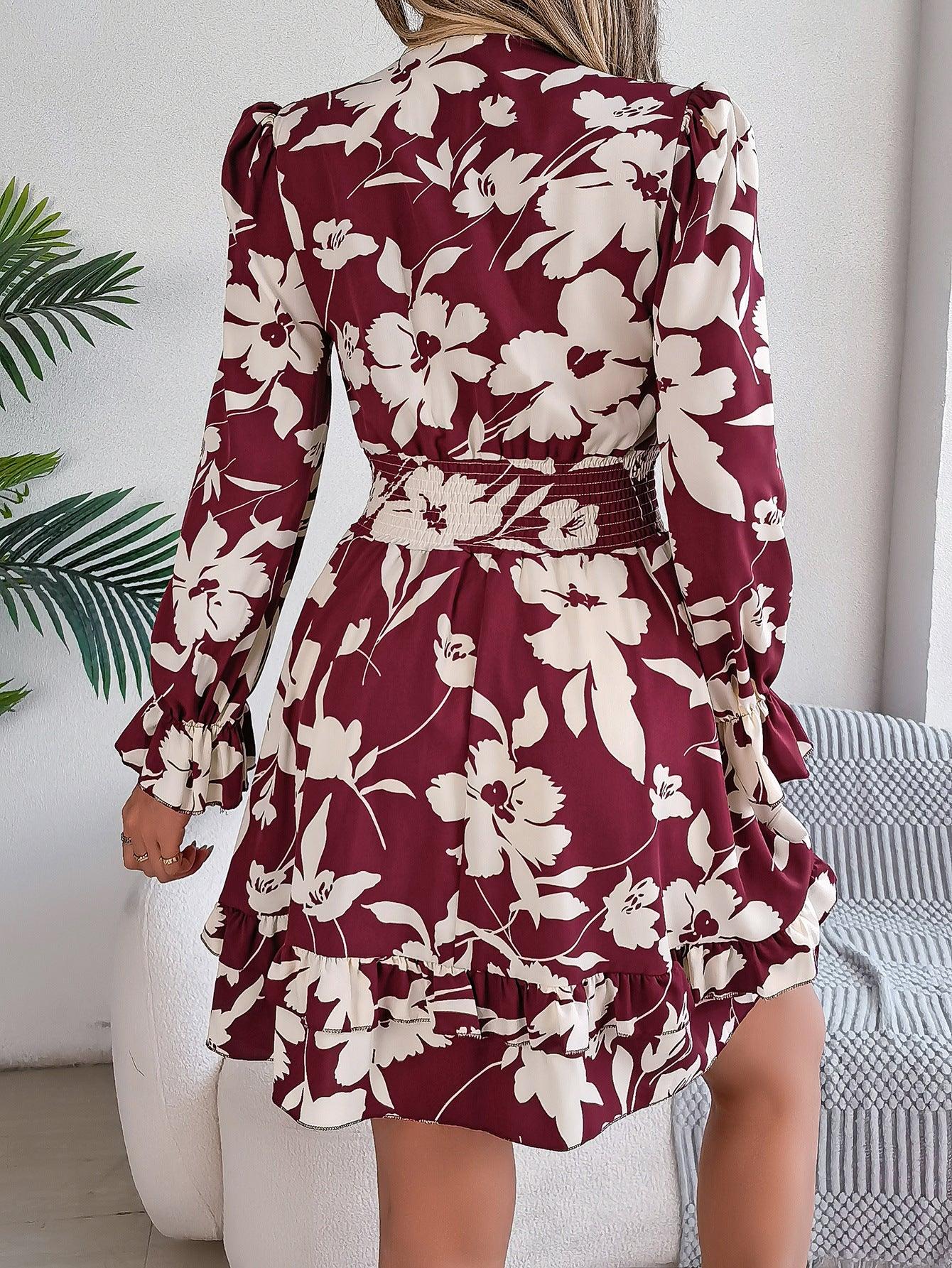 Casual Floral Lace up Long Sleeve Dress - Venus Trendy Fashion Online