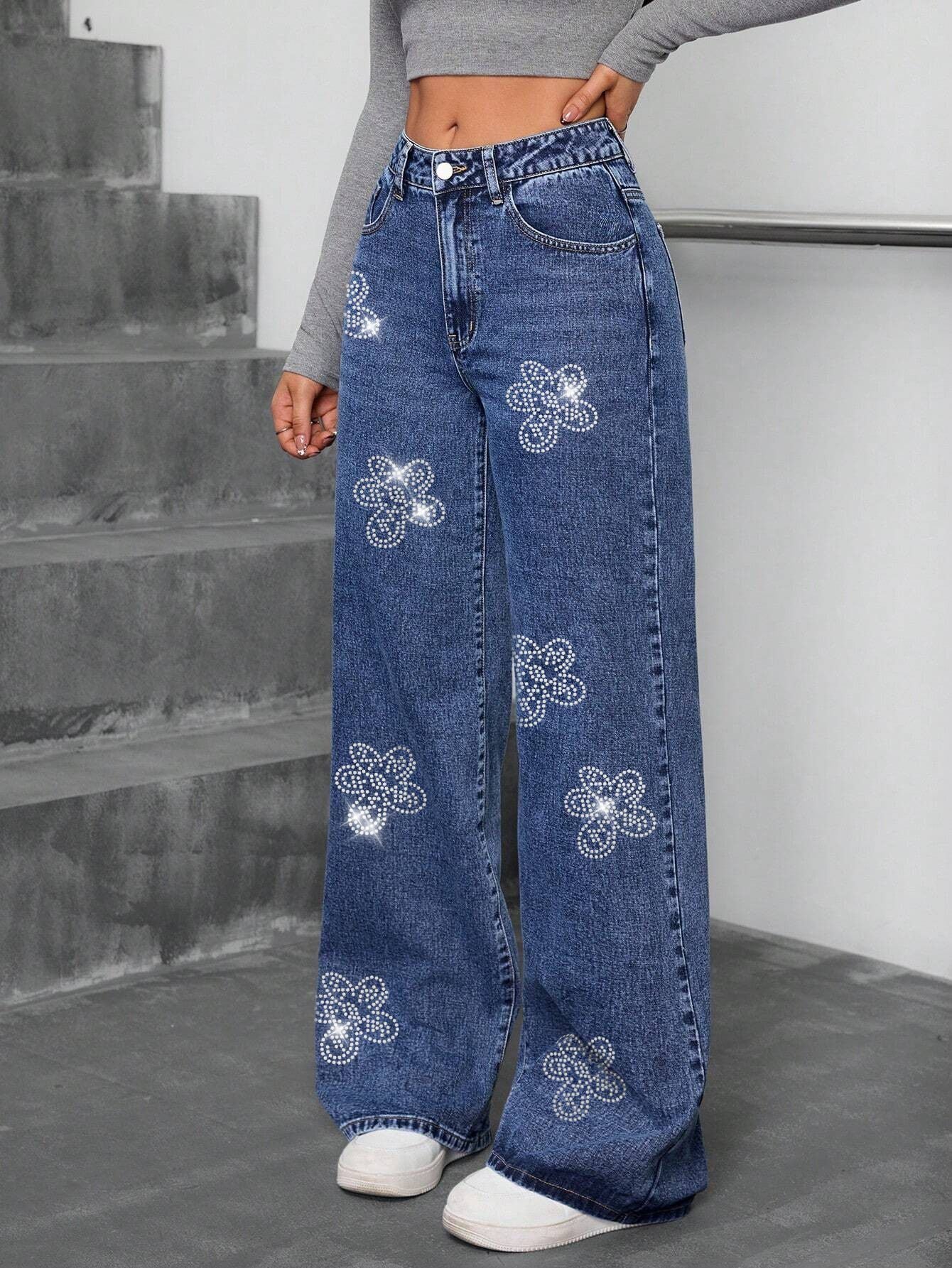 Women Autumn Floral Rhinestone Loose Straight Leg Jeans