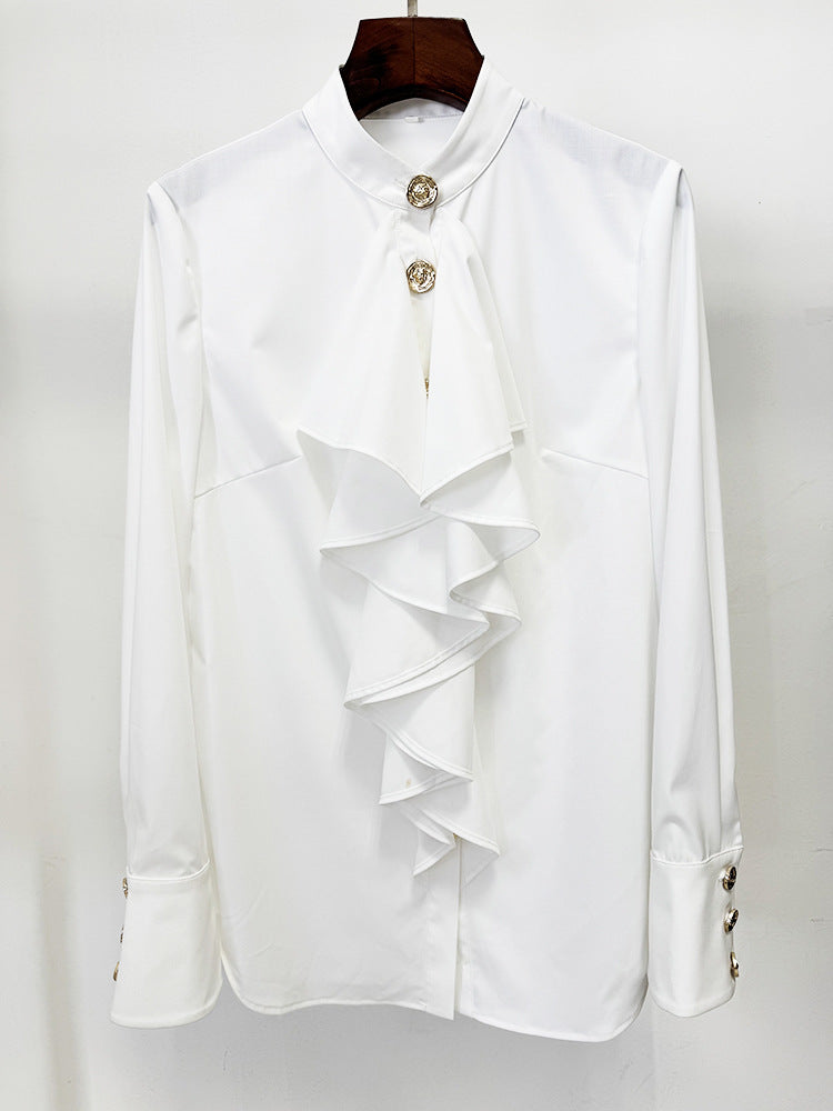 Ruffle All Match White Long Sleeve Shirt