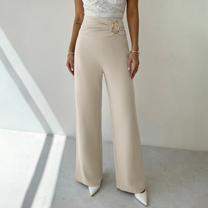 Women High Waist Metal Decoration Straight Leg Pants