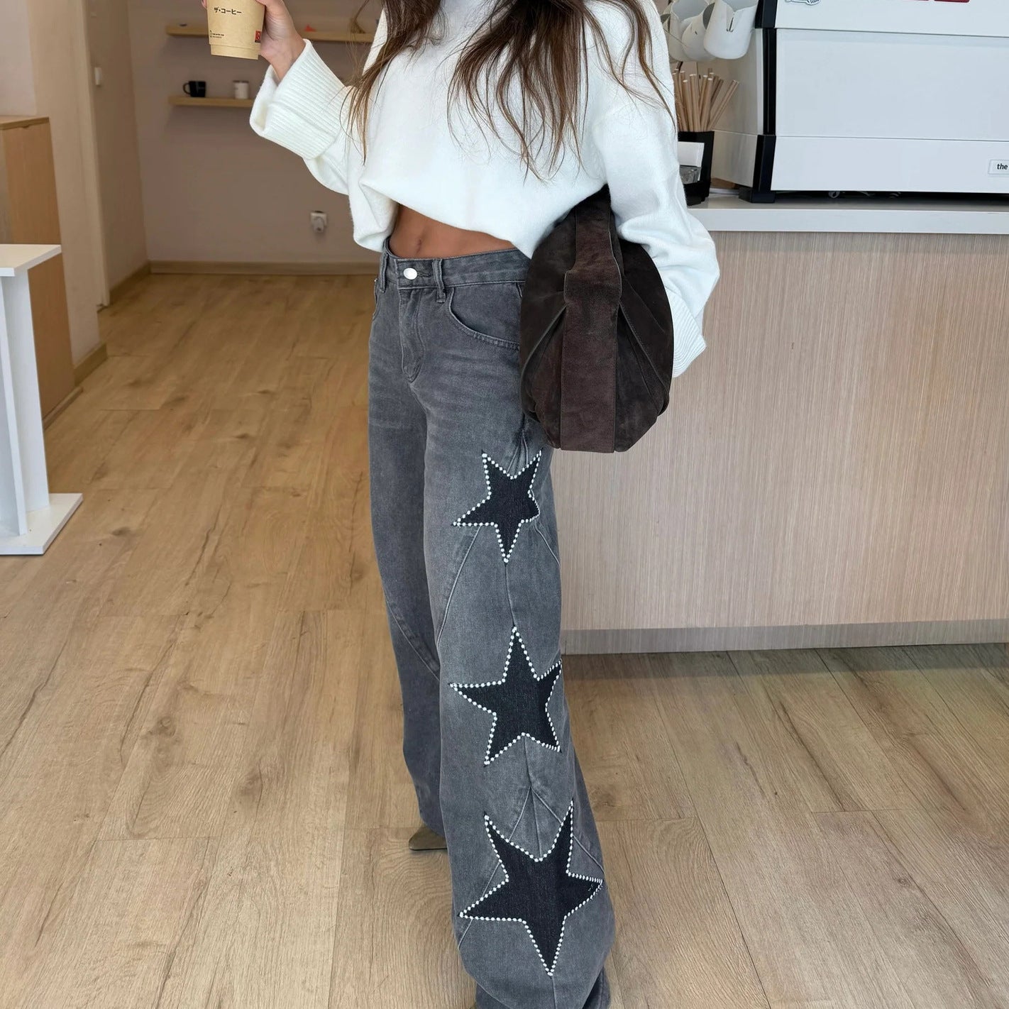 Women Casual Five Pointed Star Loose Straight Denim Pants