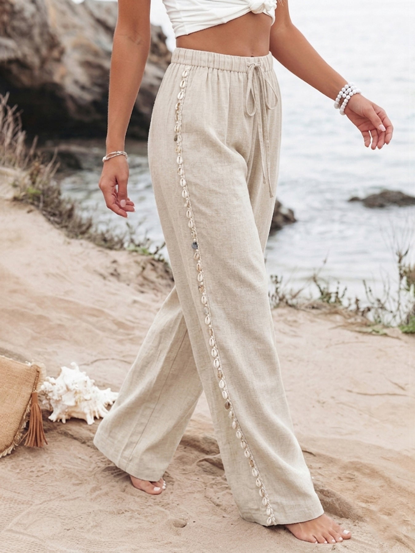 Summer Ethnic Vacation Apricot Side Shell Decorative Wide Leg Pants