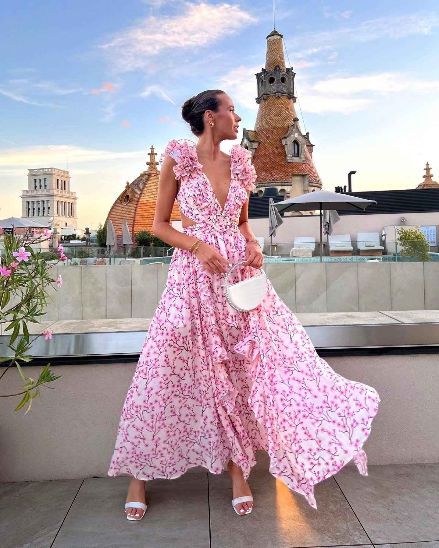 Women Clothing Vacation Dress Hollow Out Cutout Slim Deep V Plunge Ruffled Floral Backless Dress - Venus Trendy Fashion Online