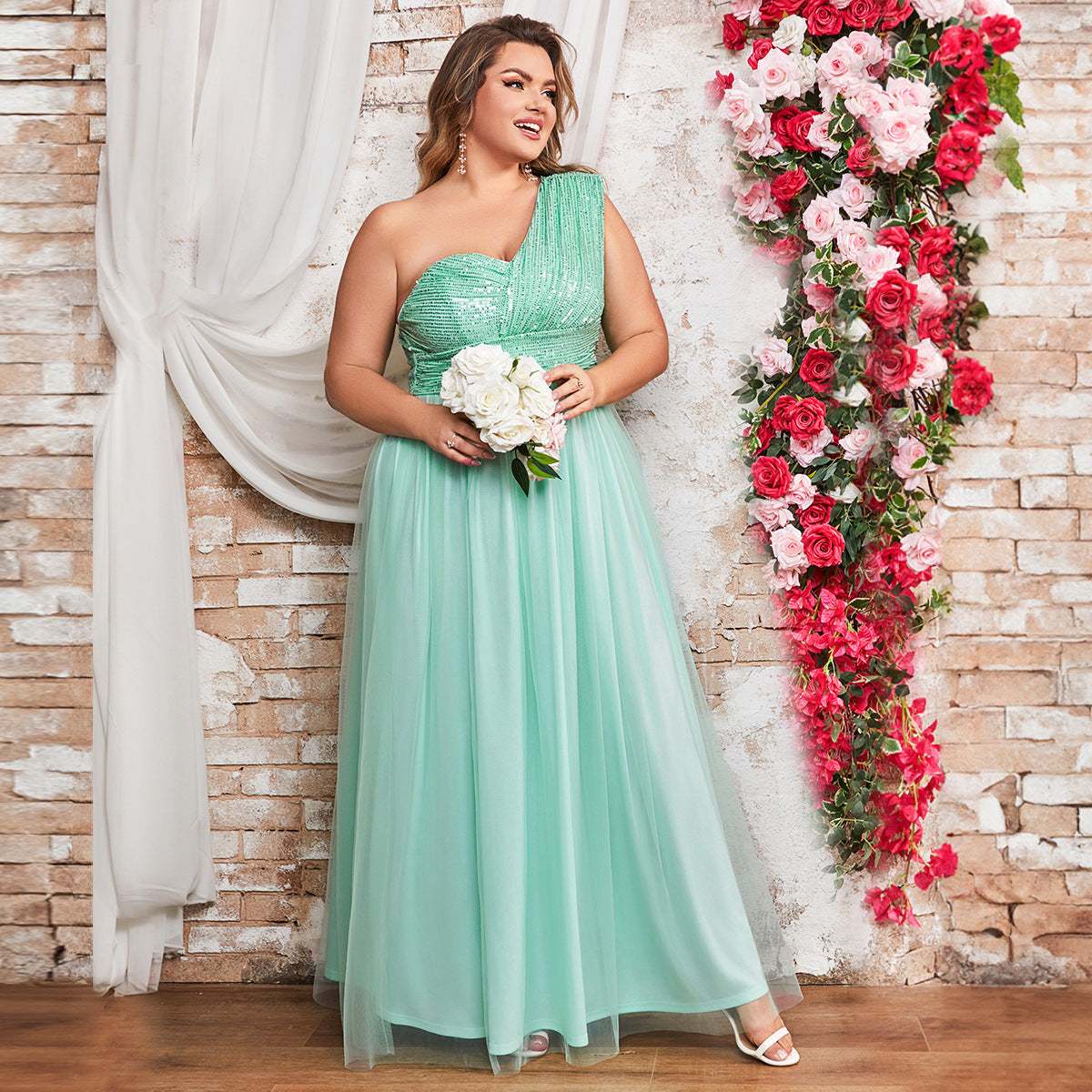 Plus Size Women Elegant Mesh Diagonal Shoulder Dress