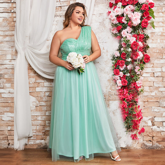 Plus Size Women Elegant Mesh Diagonal Shoulder Dress