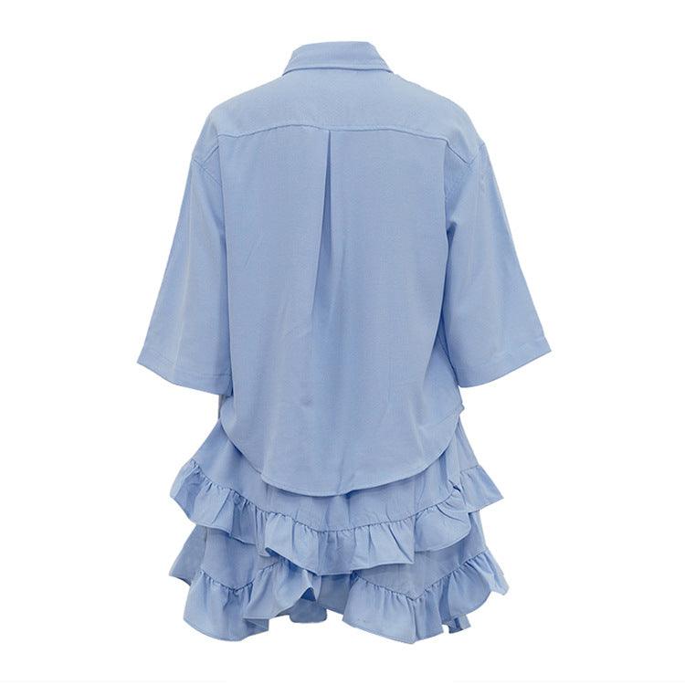 Collared Shirt Elegant Ruffle Tiered Skirt Set