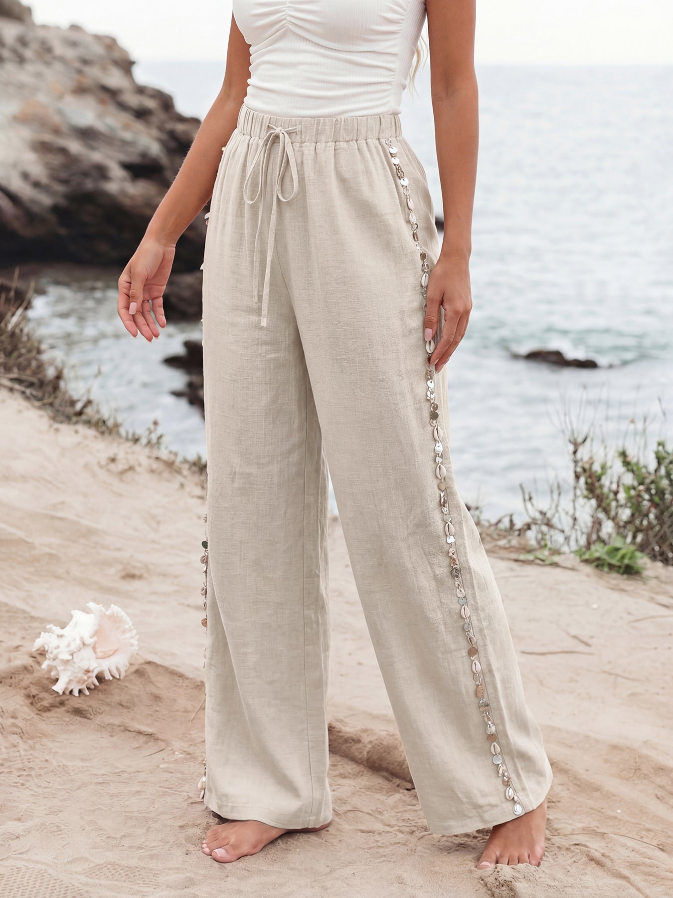 Summer Ethnic Vacation Apricot Side Shell Decorative Wide Leg Pants