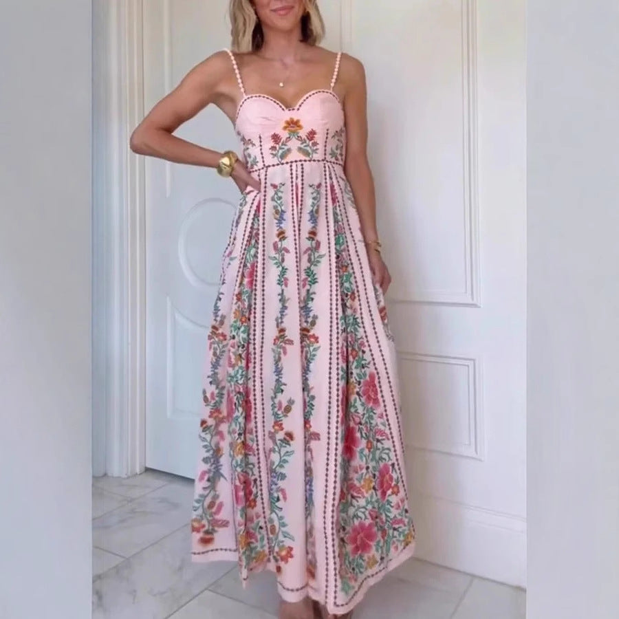 Sexy Decorative Beads Sling Positioning Print Holiday Dress
