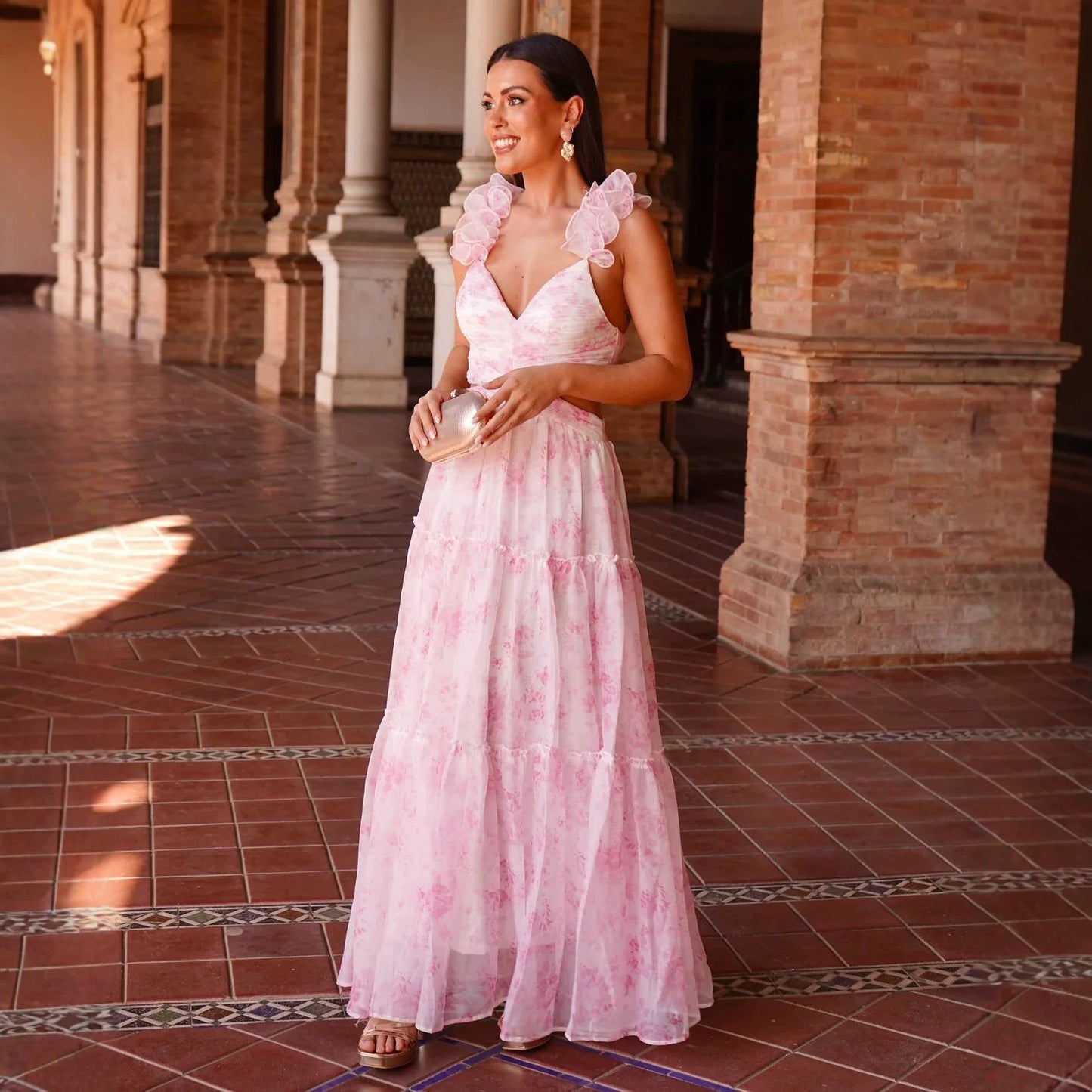 Summer Vacation Chiffon Printed Backless V Midi Dress