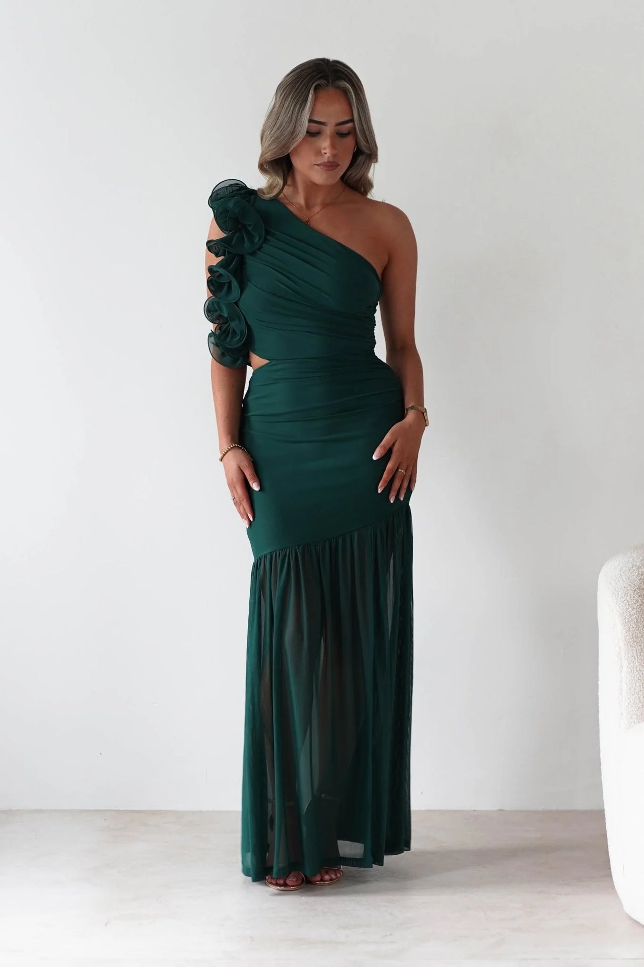 Autumn Winter Hollow Out One Shoulder Ruffled Mesh Dress