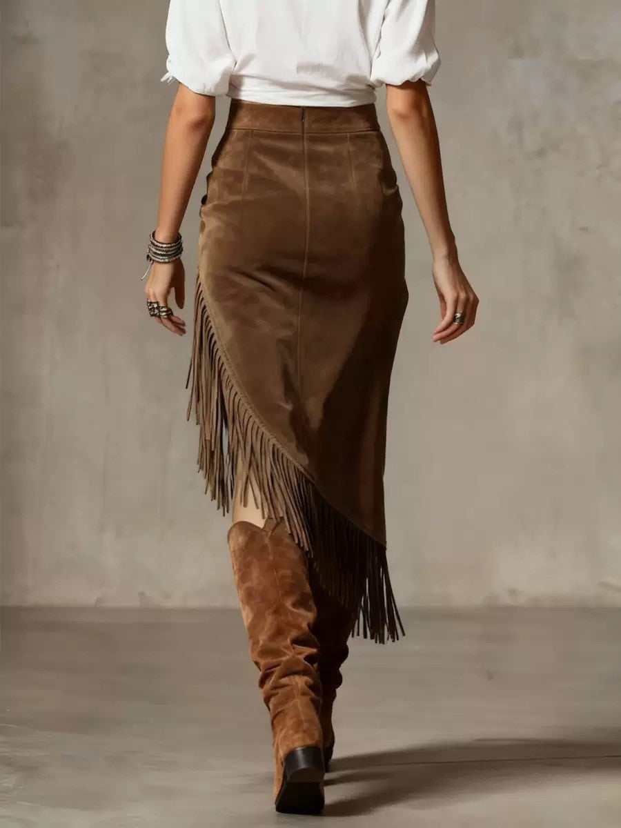 Retro Western Irregular Asymmetric Design Suede Skirt