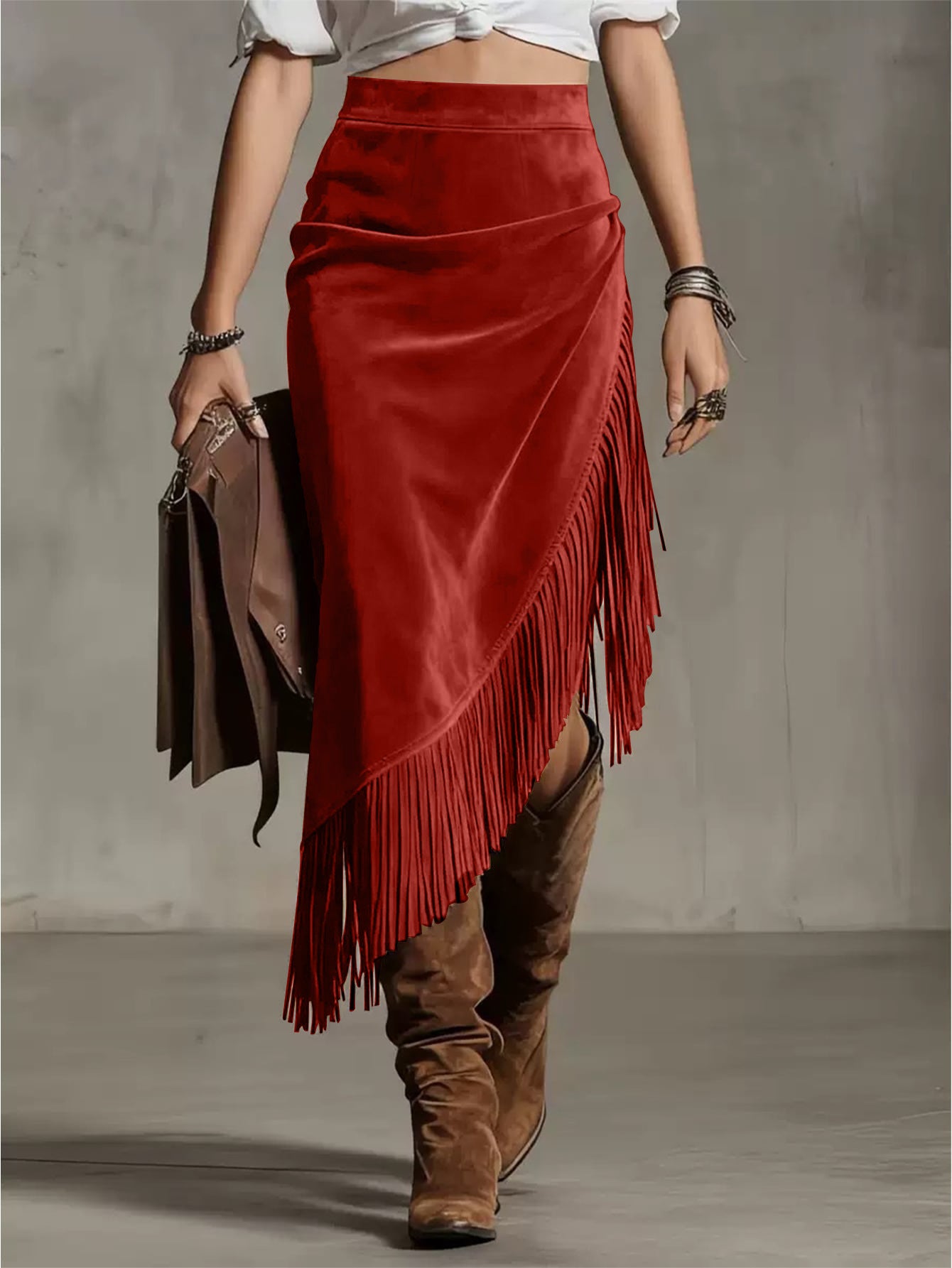 Retro Western Irregular Asymmetric Design Suede Skirt