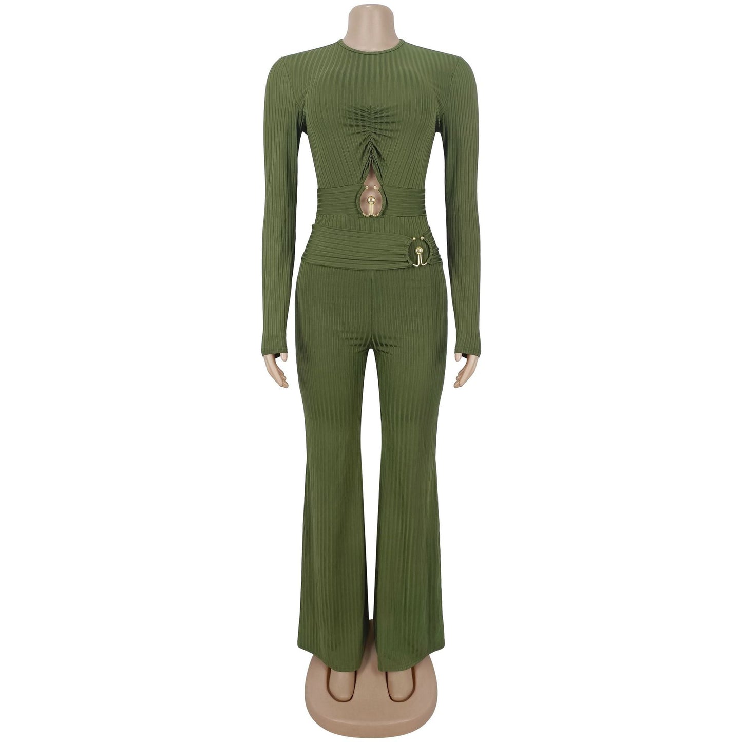 Women Sunken Stripe Hollow Out Casual Office Jumpsuit