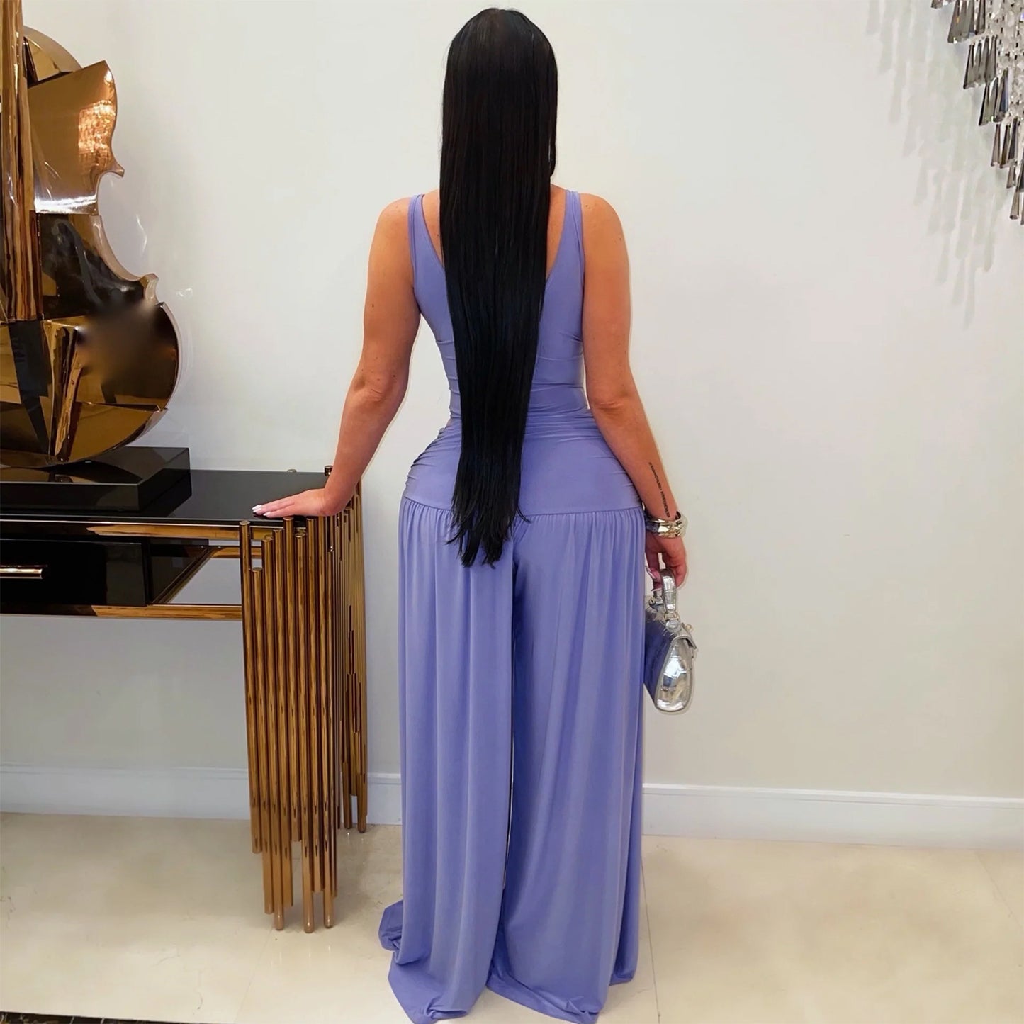 Women Solid Color U Collar High Waist Jumpsuit