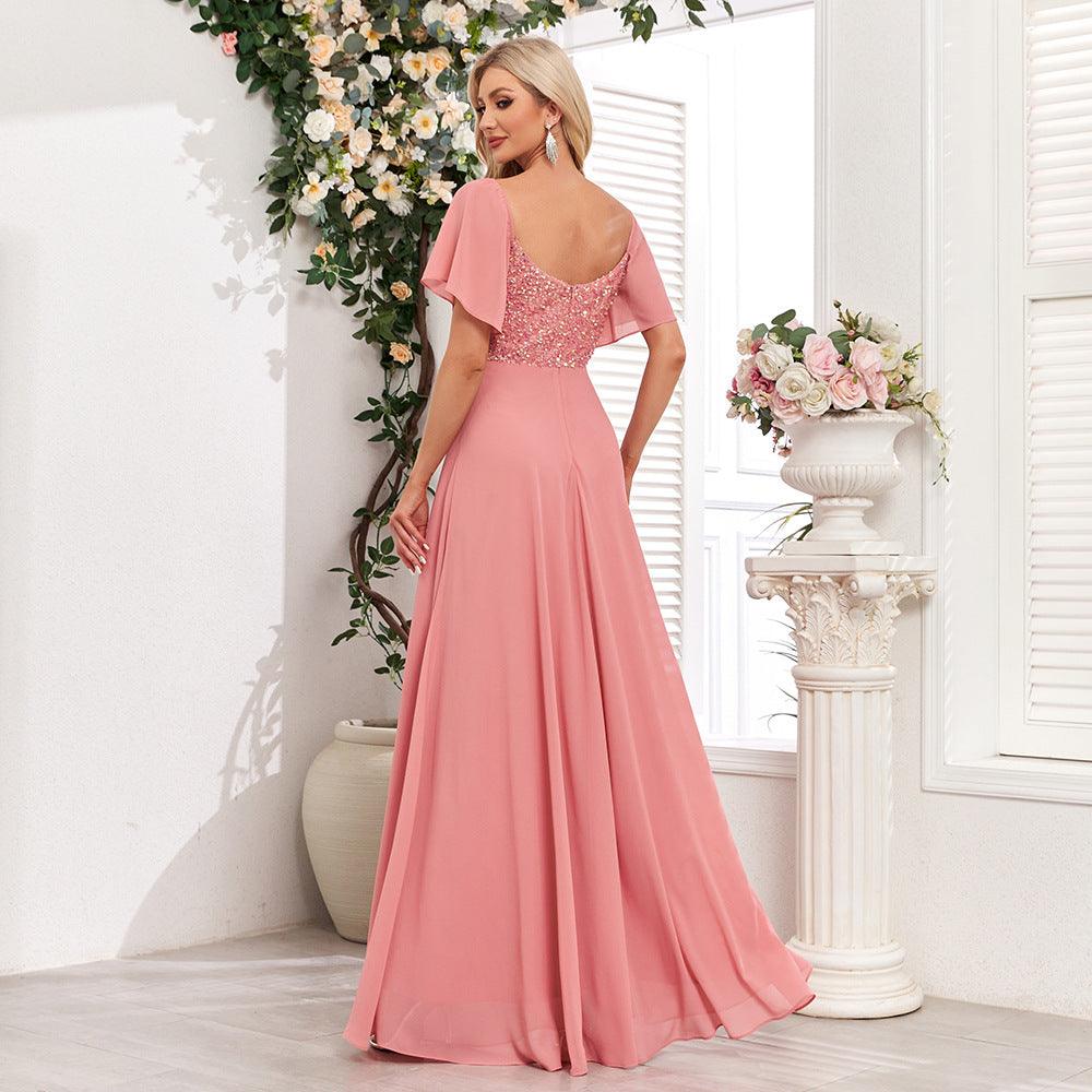 Square Collar Short Sleeve Backless Pink Evening Dress - Venus Trendy Fashion Online