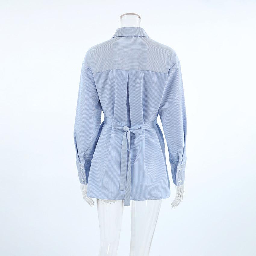 Autumn Casual Striped Blue Floral Shirt - Venus Trendy Fashion Online