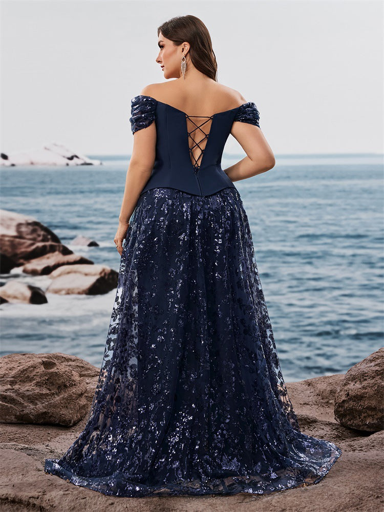 Woman Elegant Sequin Stitching Faux Two Piece Cocktail Party Dress