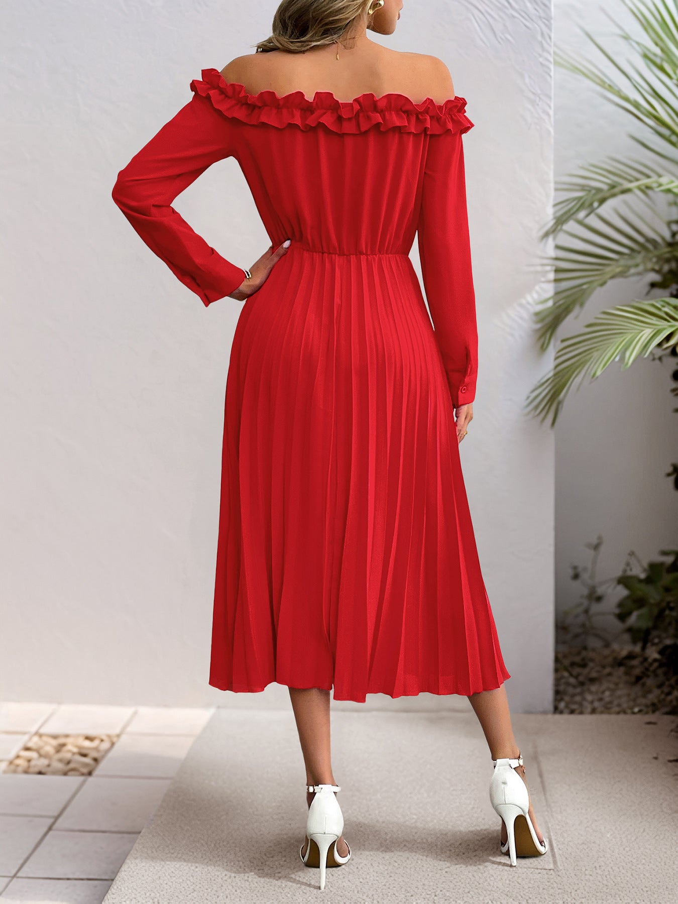 Elegant Sweet off Shoulder Long Sleeve Solid Color Dress