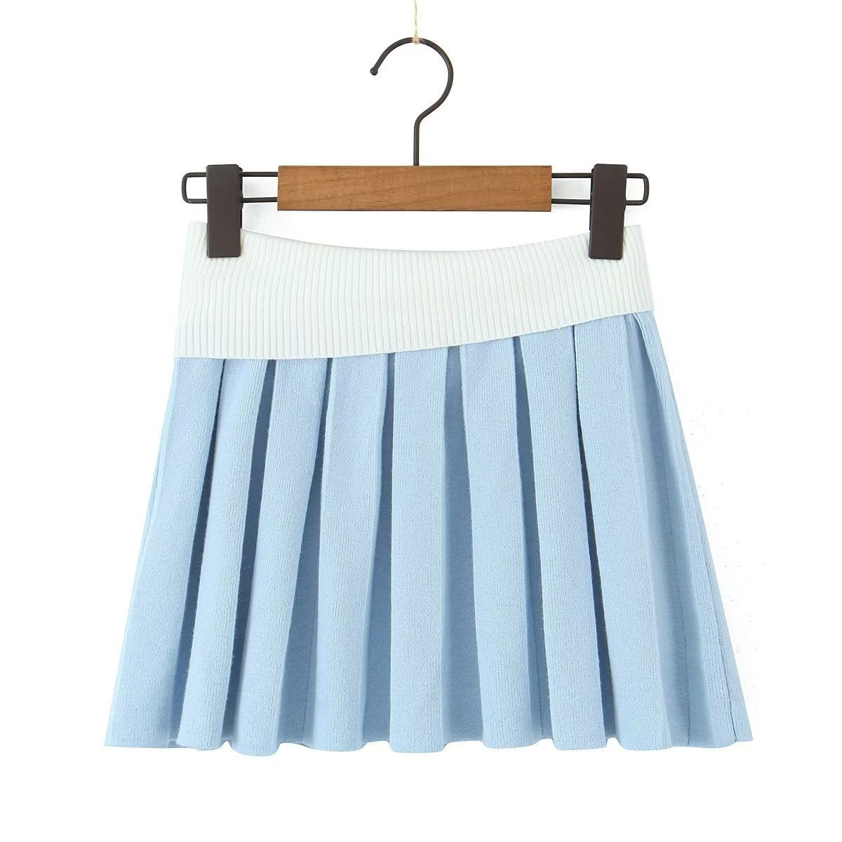 Women Blue Irregular Asymmetric Knitting Pleated Skirt