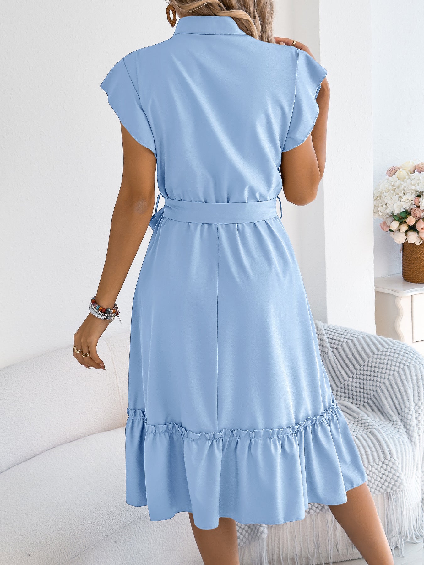 Summer Casual Stand Collar Ruffle Lace up Dress