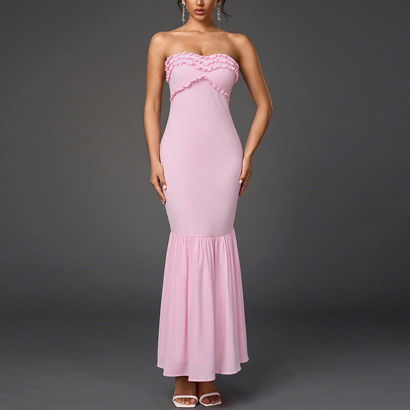 Sexy Backless Wooden Ear Smocking Stitching Hip Dress