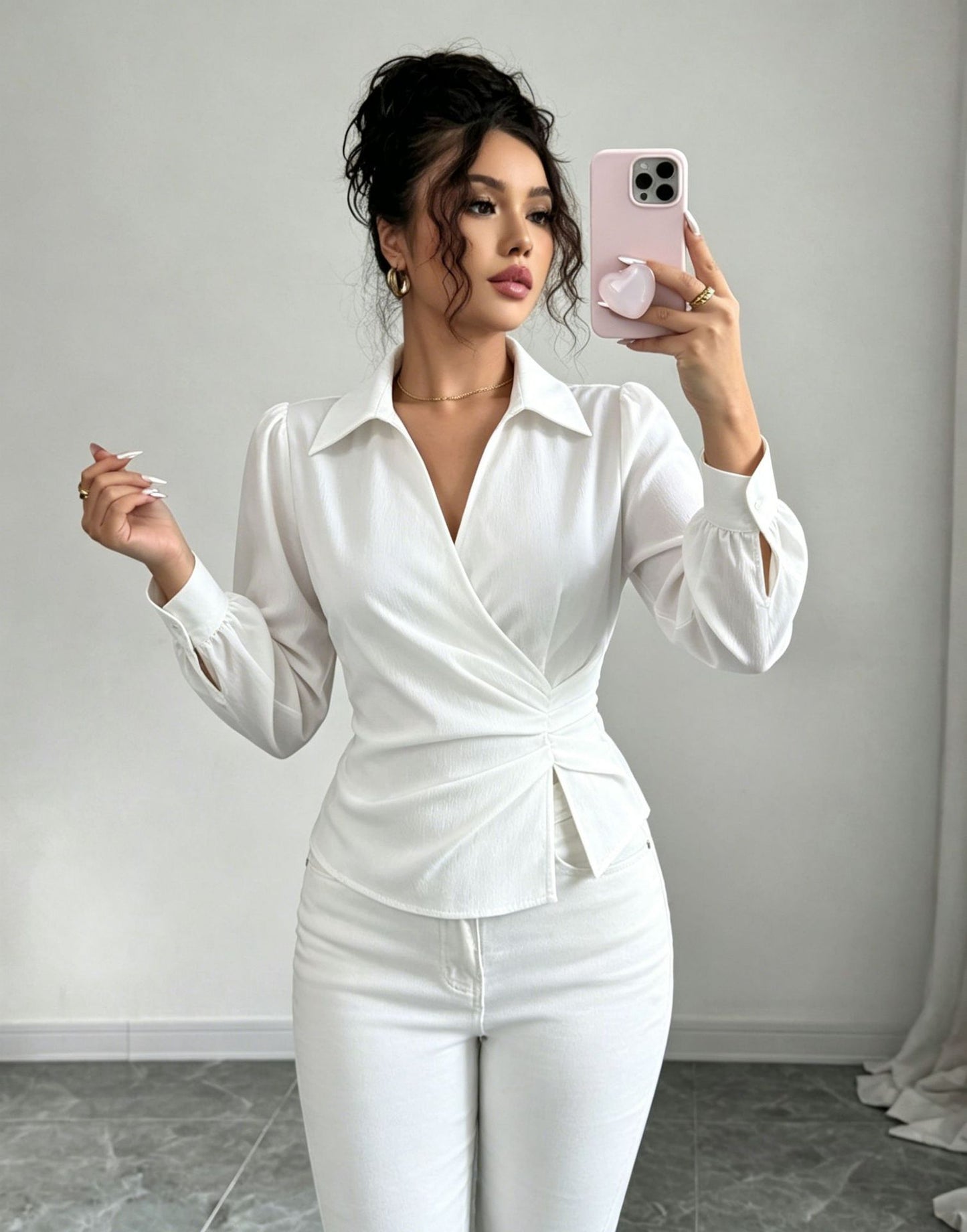 French Collared V neck Cross Wrap Waist Shirt