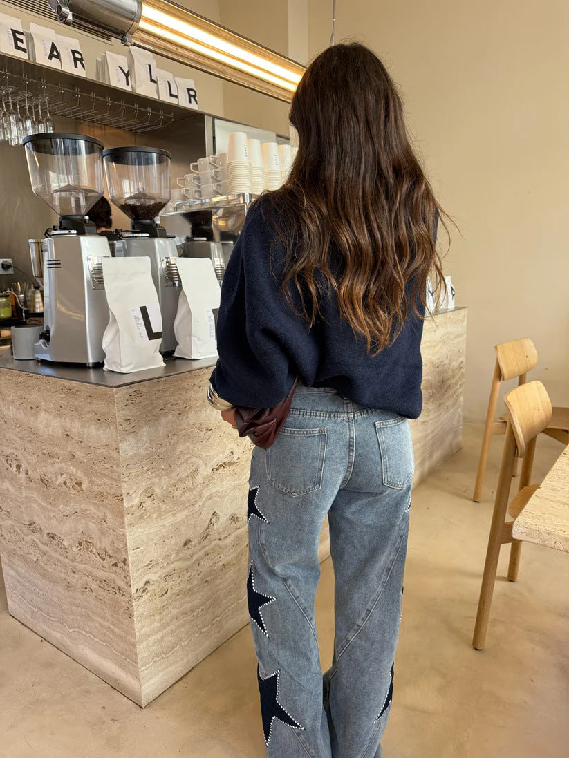 Women Casual Five Pointed Star Loose Straight Denim Pants