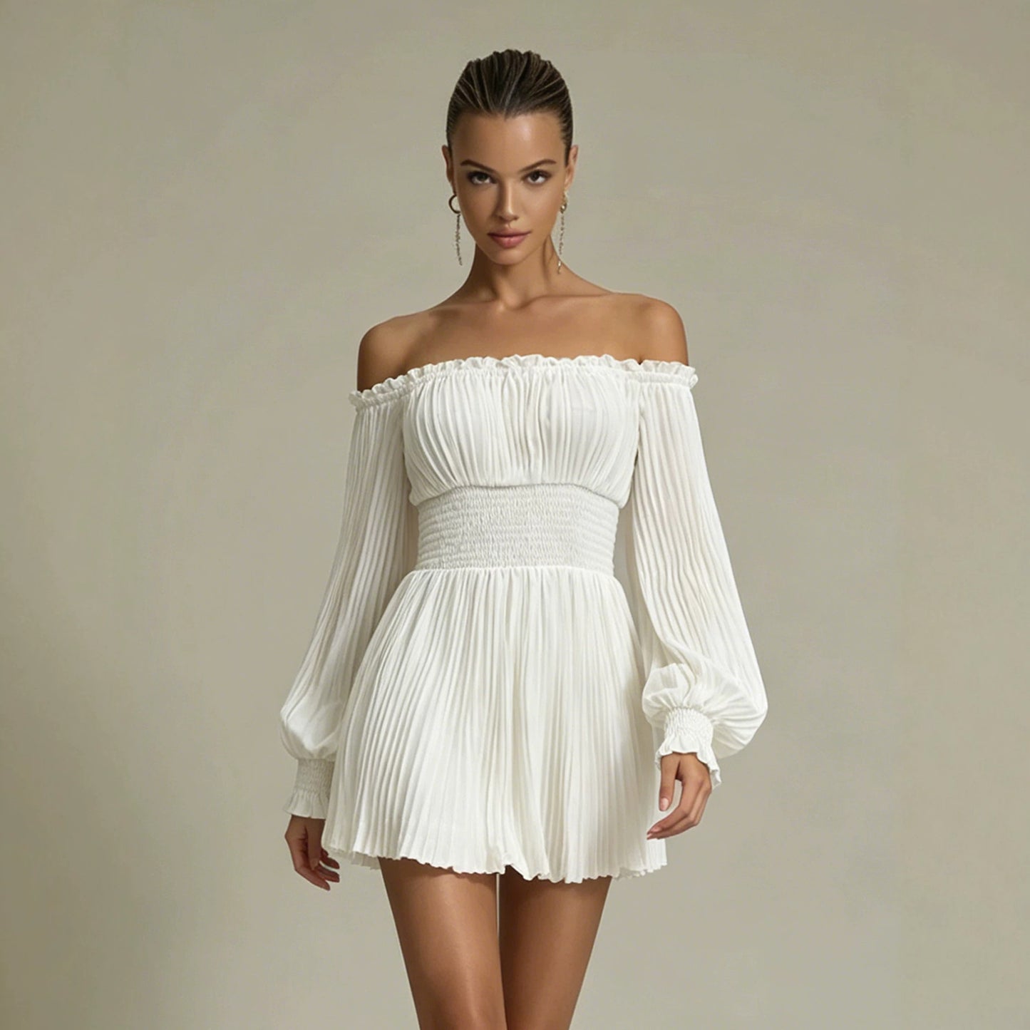 Women Pleated off Neck Long Sleeve French Dress