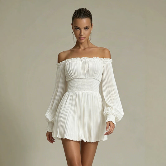 Women Pleated off Neck Long Sleeve French Dress