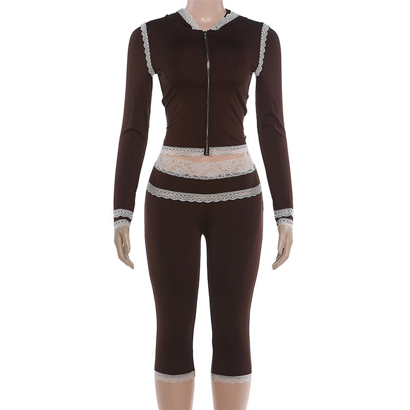 Women Lace Stitching Long Sleeve Zipper Hooded Pants Set
