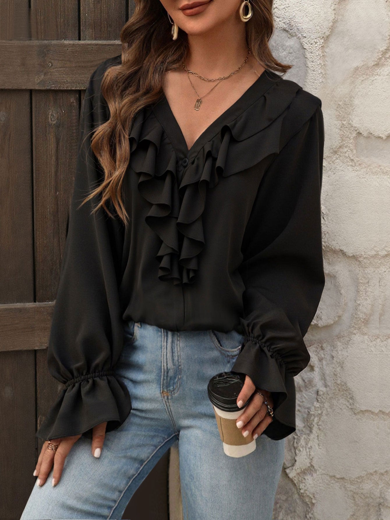 Women V neck Ruffled Elegant Shirt