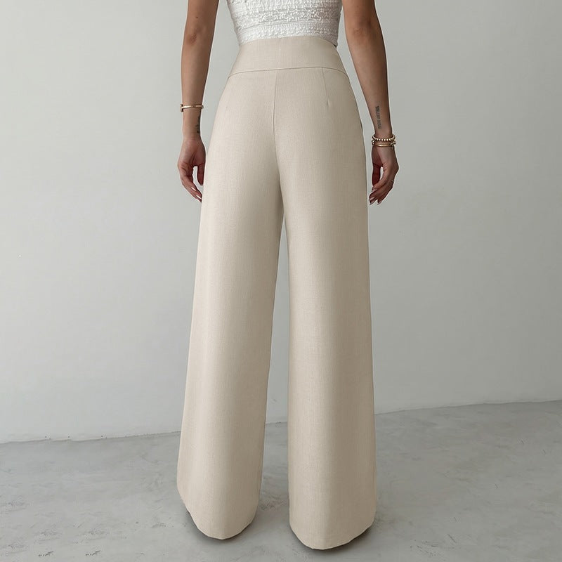 Women High Waist Metal Decoration Straight Leg Pants