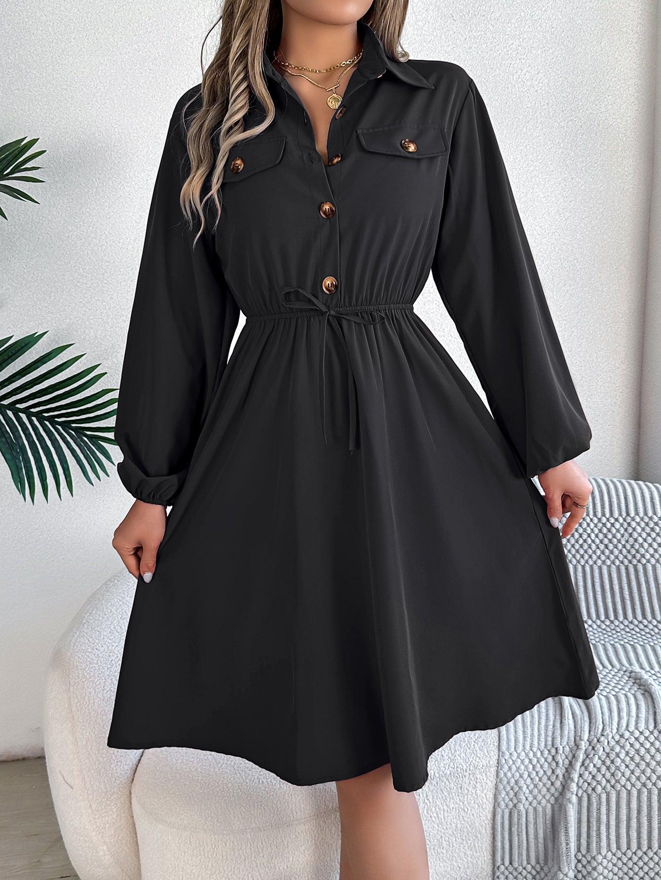 Real Shot Autumn Winter Casual Button Lace up Dress - Venus Trendy Fashion Online