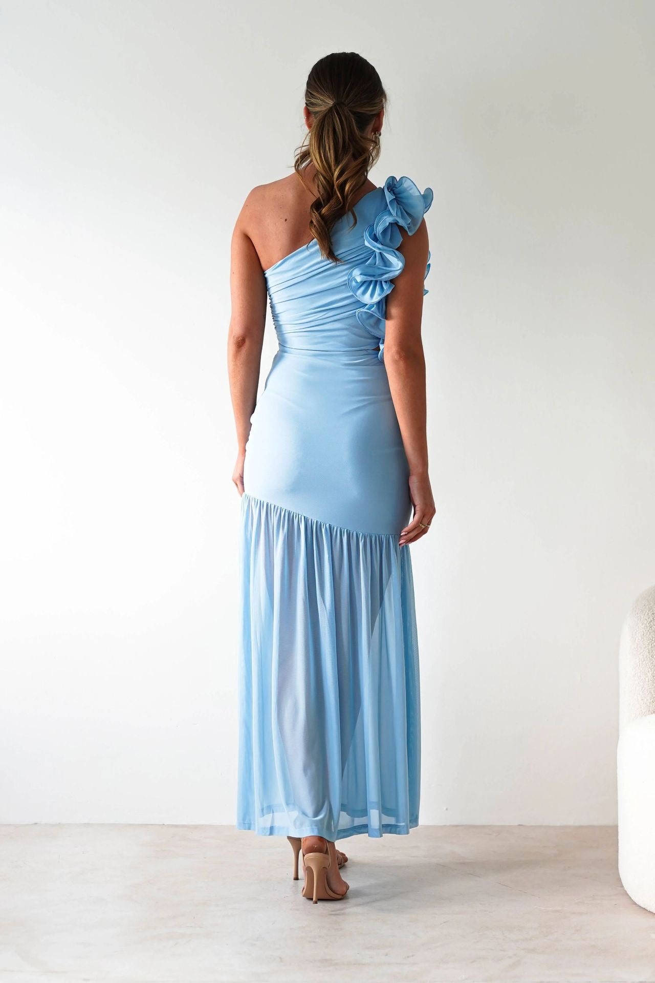 Autumn Winter Hollow Out One Shoulder Ruffled Mesh Dress