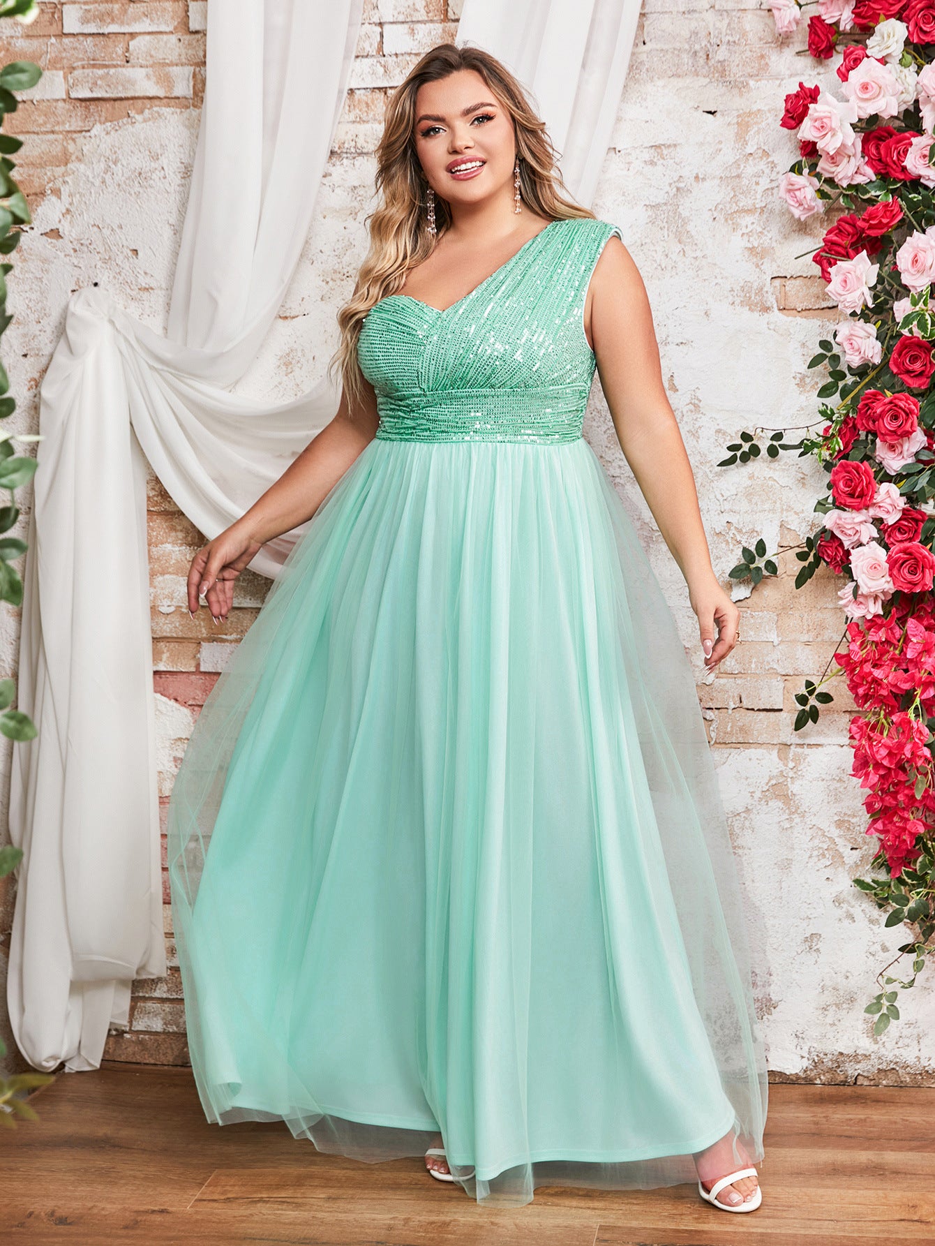 Plus Size Women Elegant Mesh Diagonal Shoulder Dress