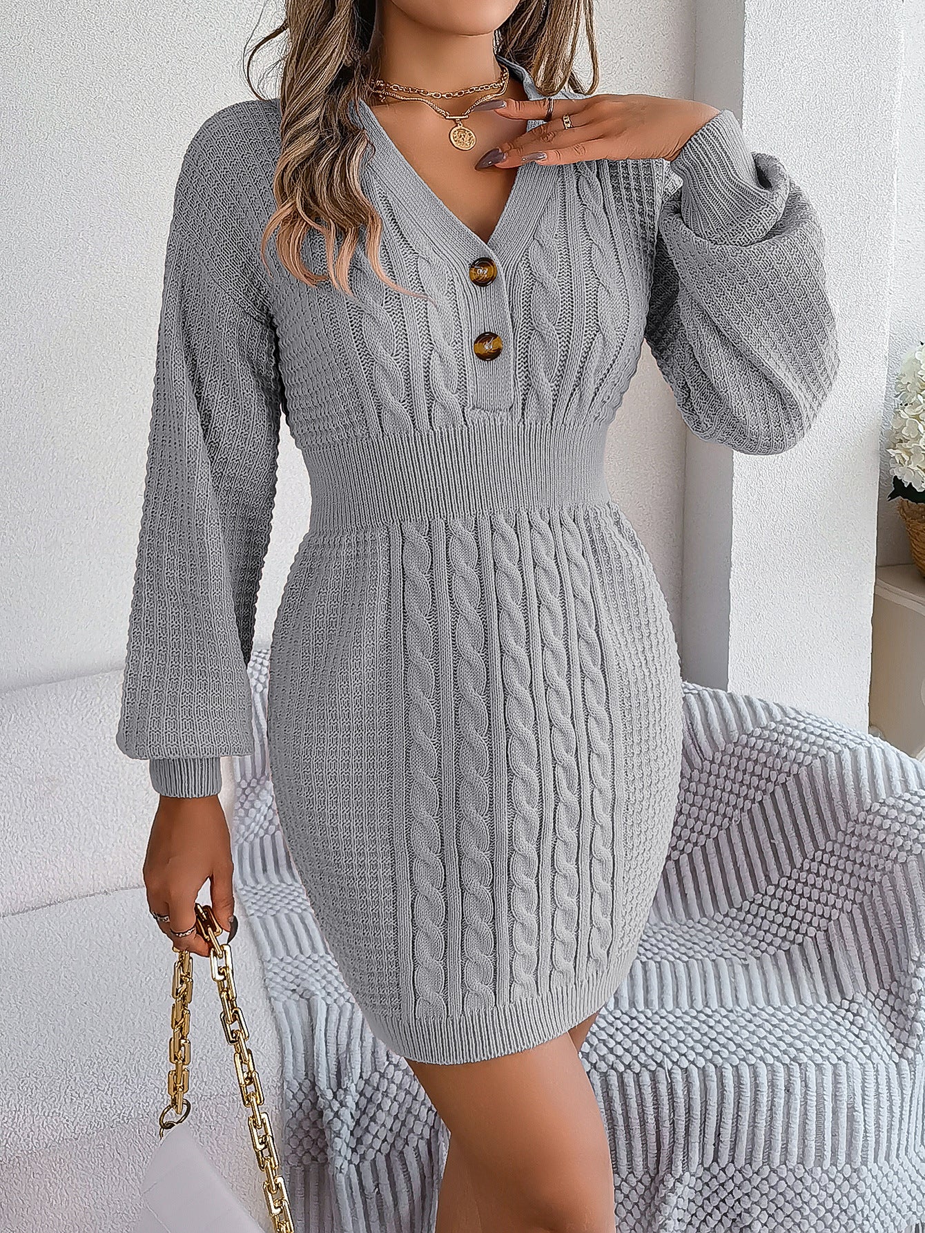 Winter Button V Neck Twist Lantern Sweater Dress - Venus Trendy Fashion Online