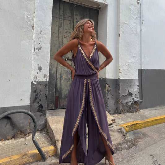 Golden Ribbon Trim Tight Waist V neck Loose Sling Jumpsuit