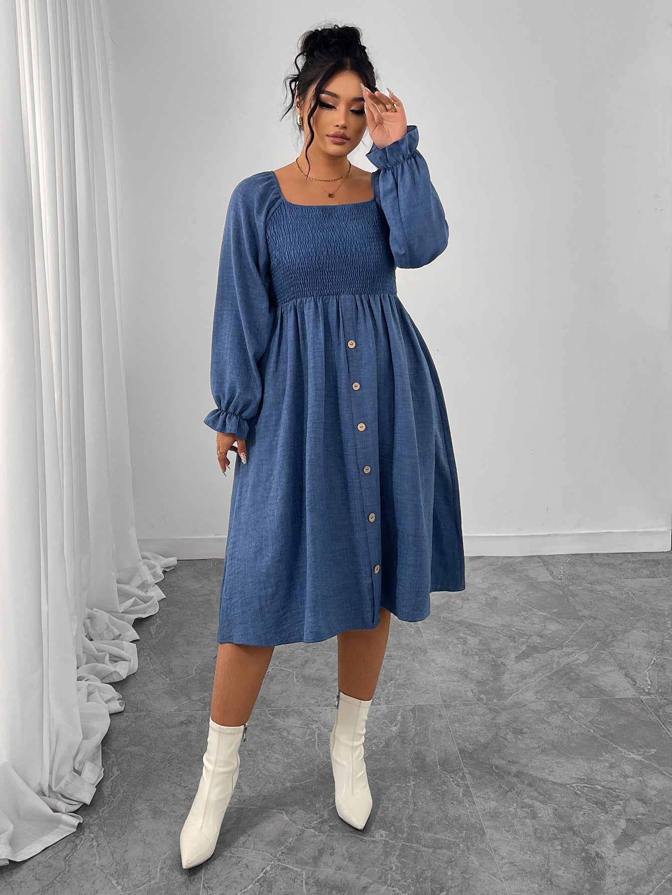 High Waist Pleated Square Collar Button Long Sleeve Dress