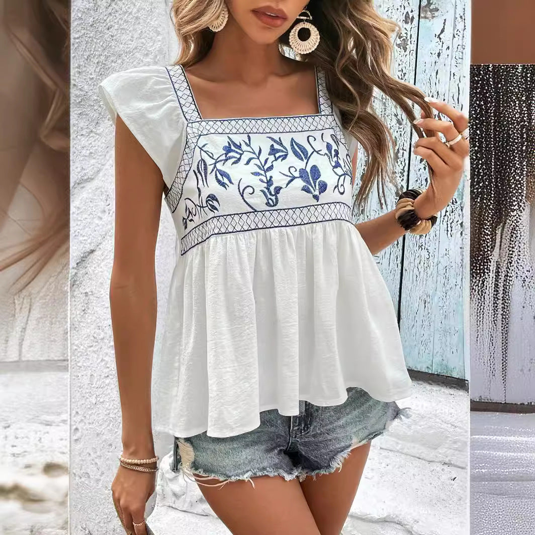 Summer Embroidery Tie Neck Square Top