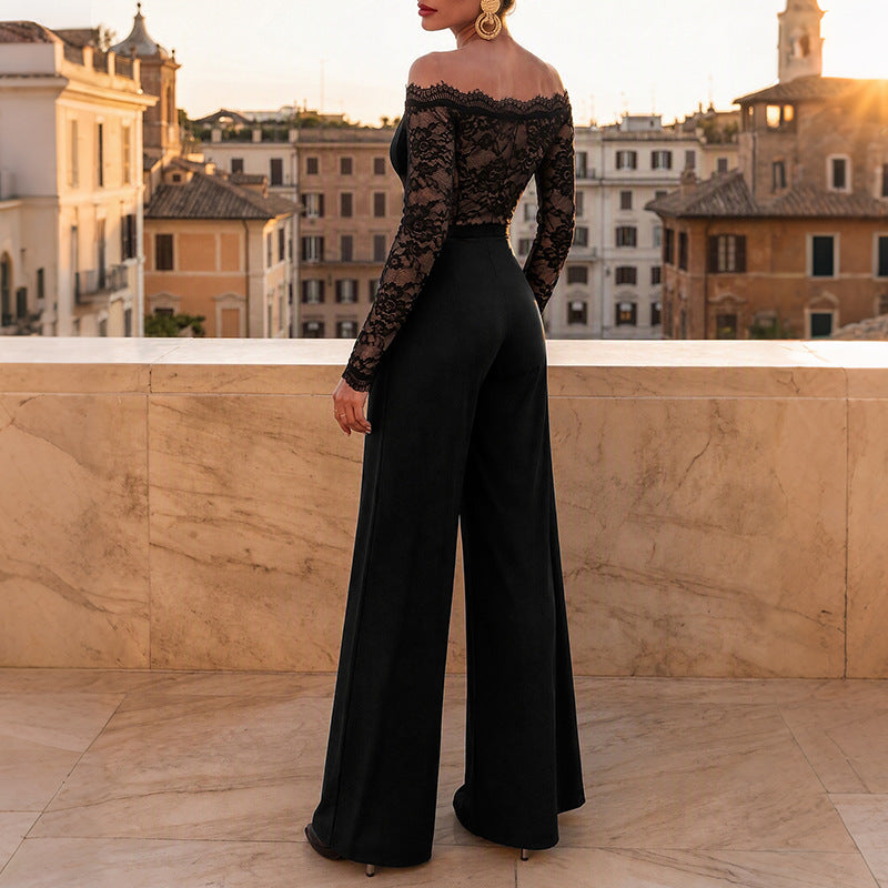 Sexy Elegant Wind Black Lace off Shoulder Jumpsuits