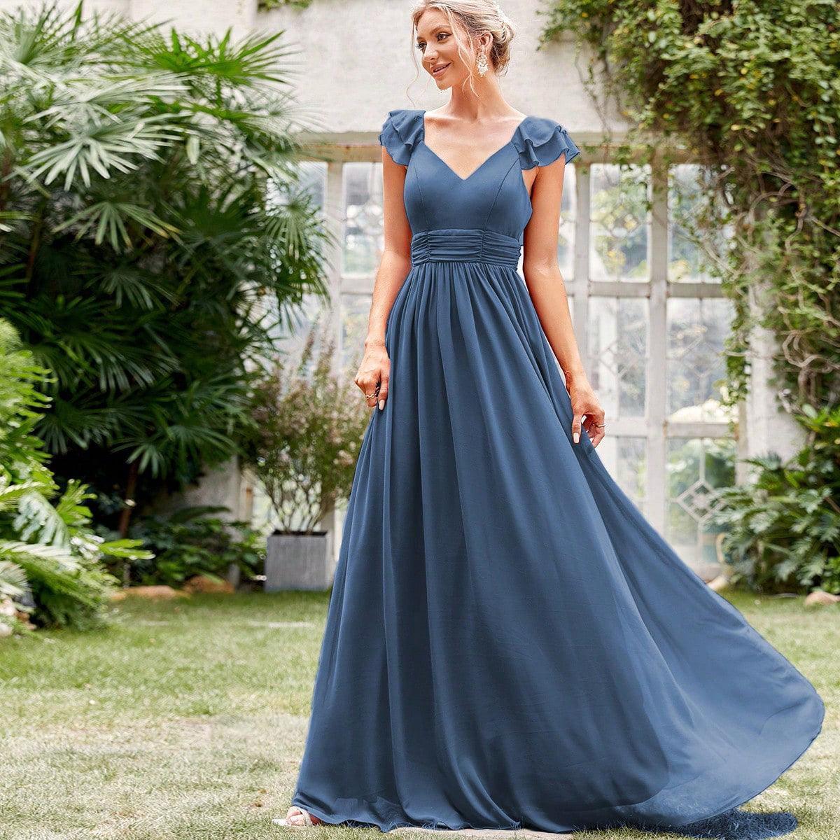 Chiffon Long V neck Formal Chiffon Party Evening Dress - Venus Trendy Fashion Online